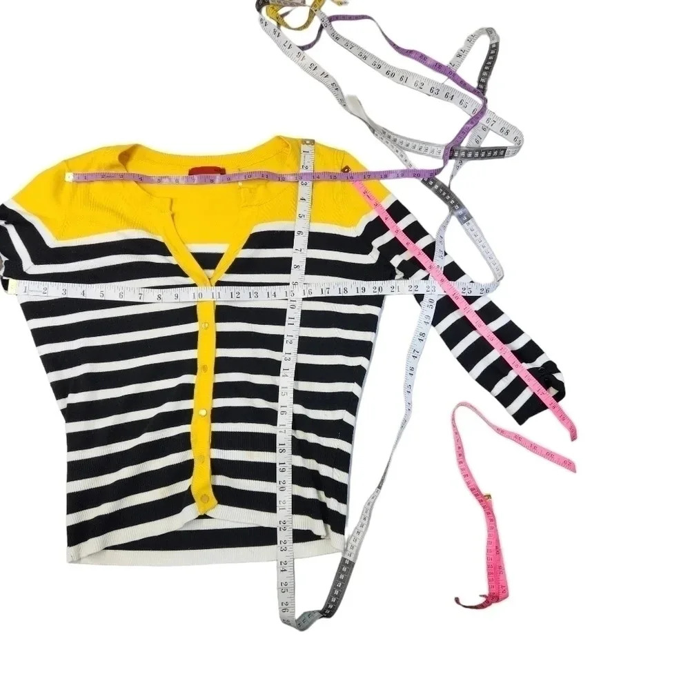 Red Button Cardigan Size L Yellow Block Black White Striped Long Sleeve *READ* - Picture 6 of 16